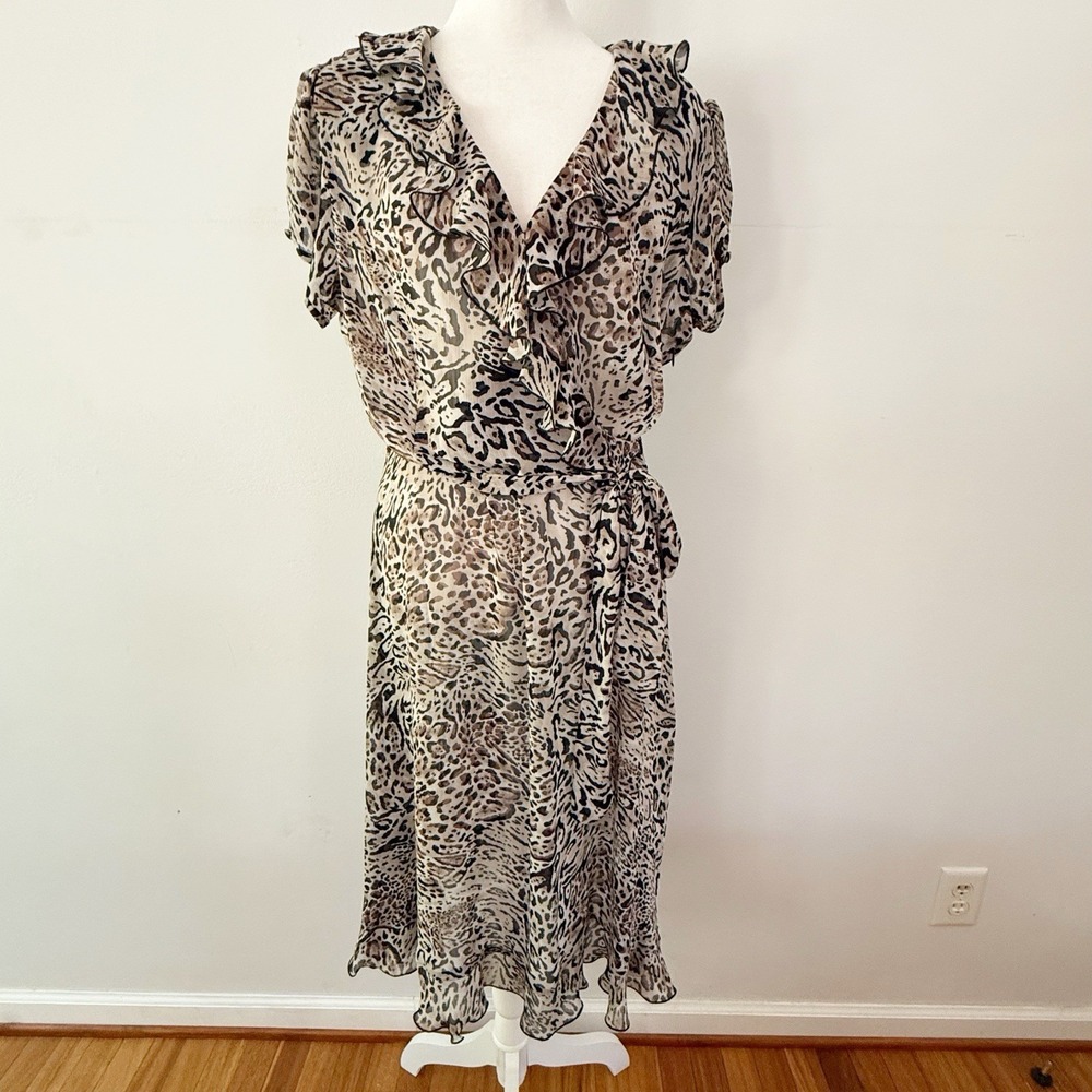 Vintage Dress Women 12 Leopard Print Ruffle Sheer Mob Wife Chic Maximalist Chic